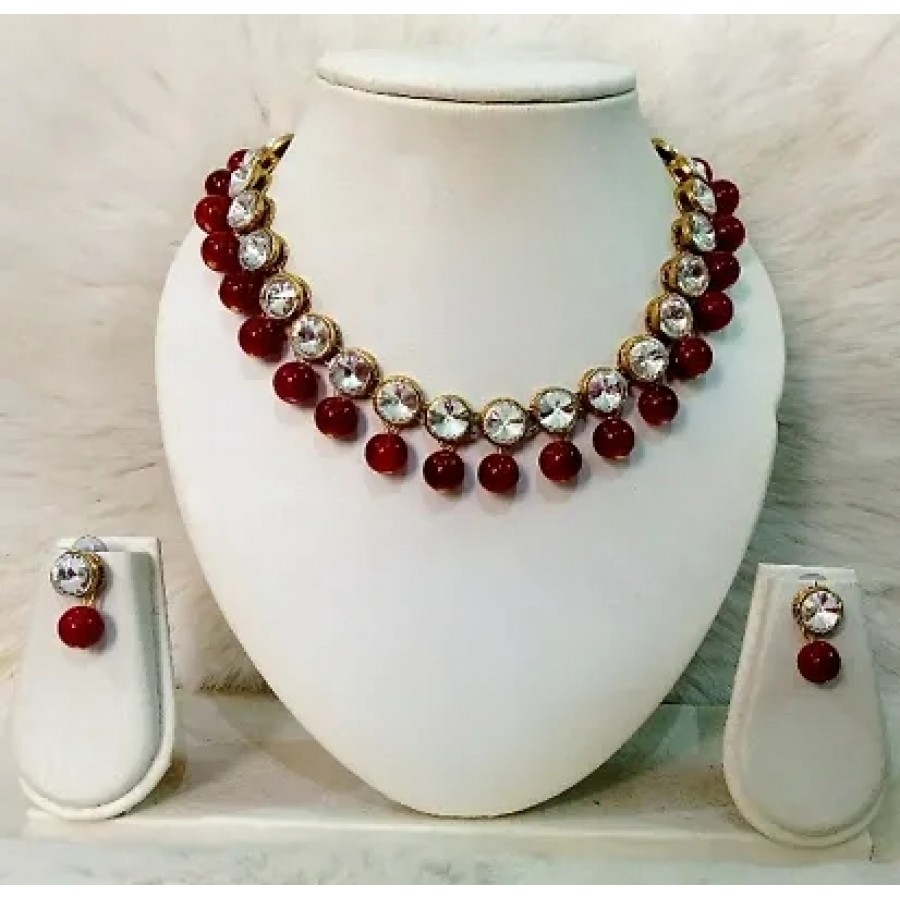 Kundan and Maroon Glass Bead Necklace With Earrings