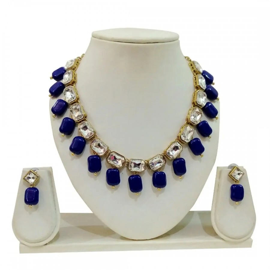 Kundan Square Stone Necklace set with Earring Blue