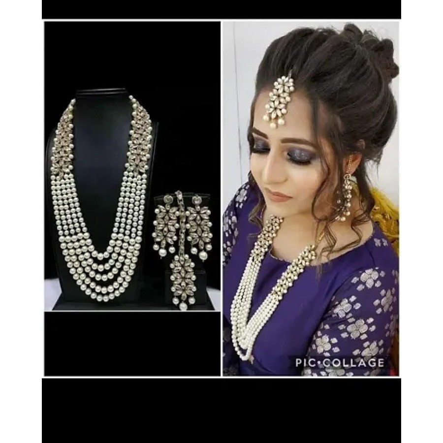 Long Traditional Designer Pearl Mala With Earring And Maangtika