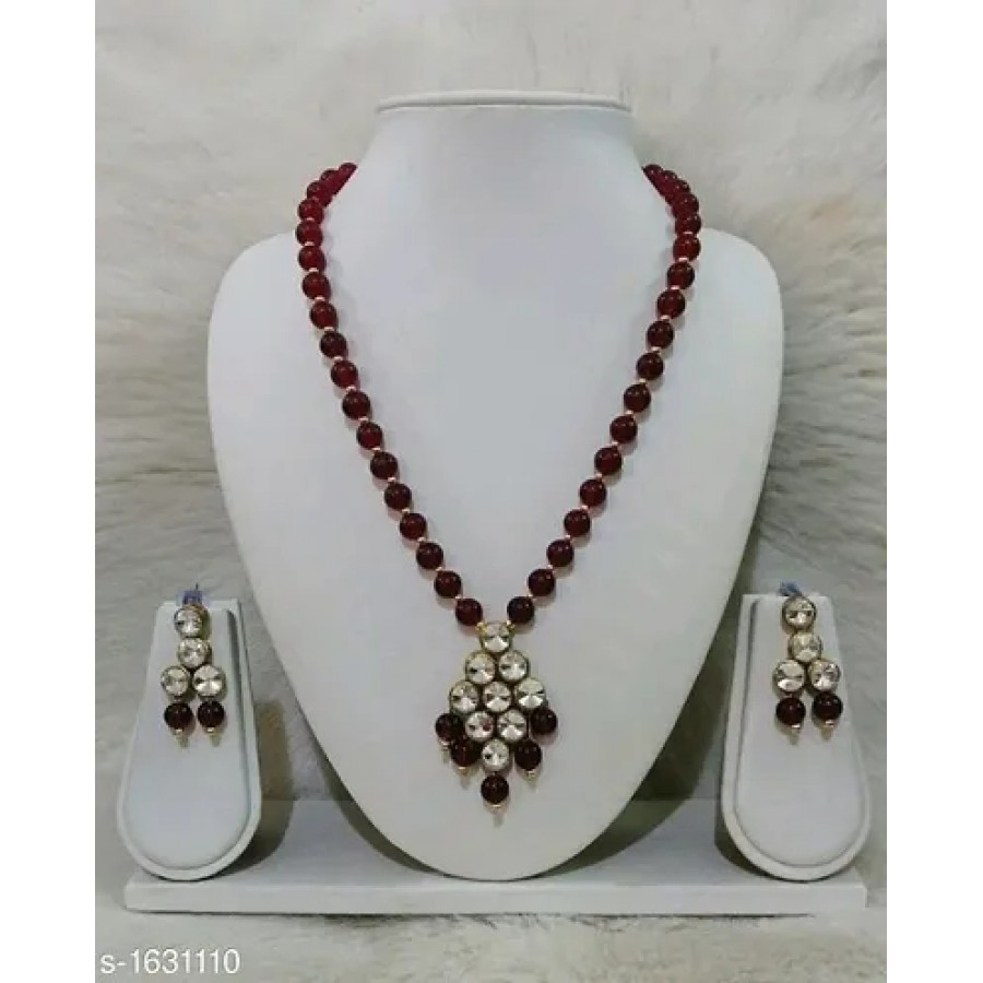 Maroon Alloy Kundan Beads Nacklace Set