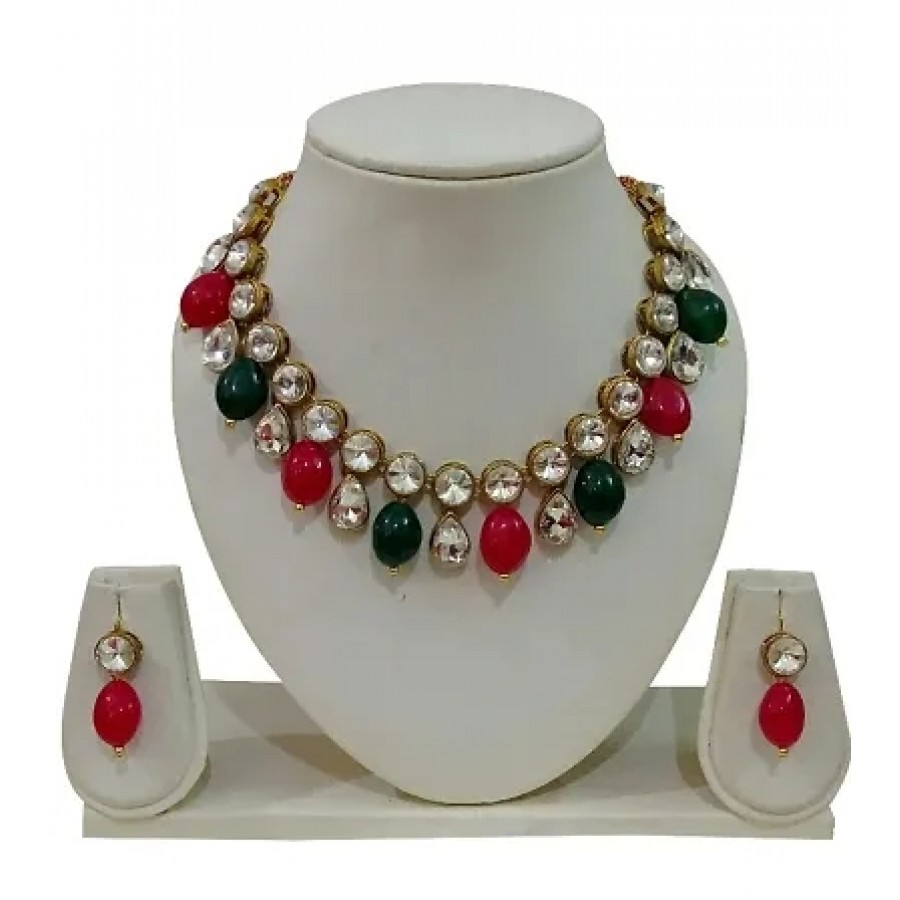 Maroon Green Antique Beads And Kundan Necklace Set With Earring