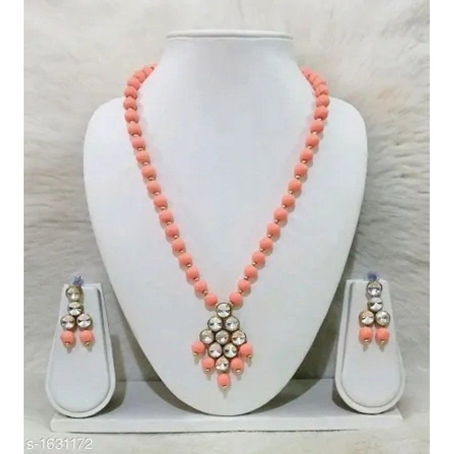 Peach Alloy Kundan Beads Nacklace Set