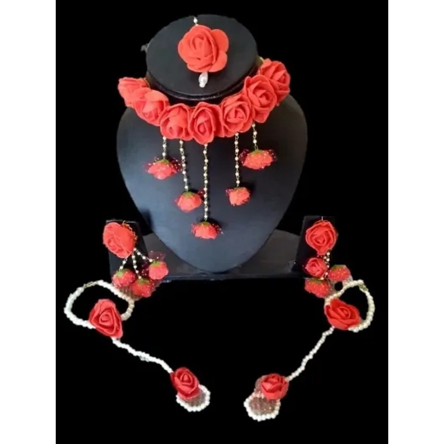 Red Gota Patti Necklace, Earrings, Bracelet  Maang Tika for Women  Girls (Mehandi/Haldi)