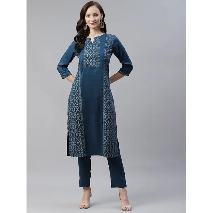 Stylish Chinon Teal Blue Foil Printed Straight Kurta For Women