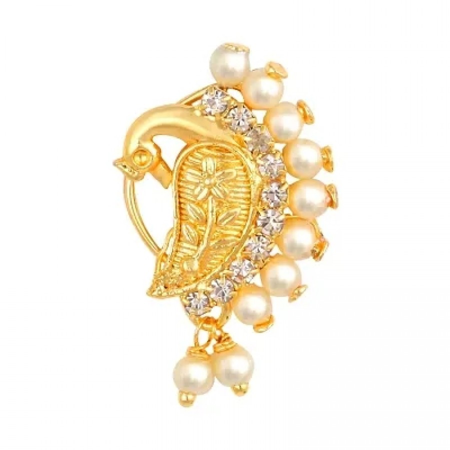 This Gold Plated Mayur Design with Peals and AD stone Alloy Maharashtrian Cultural Nath Nathiya./ Nose Pin for women