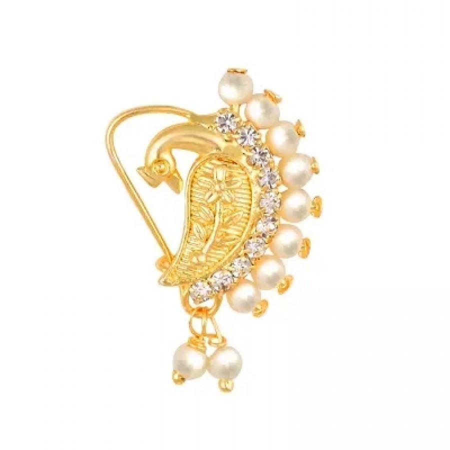 This Gold Plated Mayur Design with Peals and AD stone Alloy Maharashtrian Cultural Nath Nathiya./ Nose Pin for women