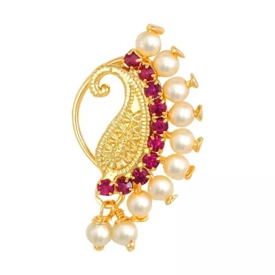 This Gold Plated Mayur Design with Peals and AD stone Alloy Maharashtrian Nath Nathiya./ Nose Pin for women