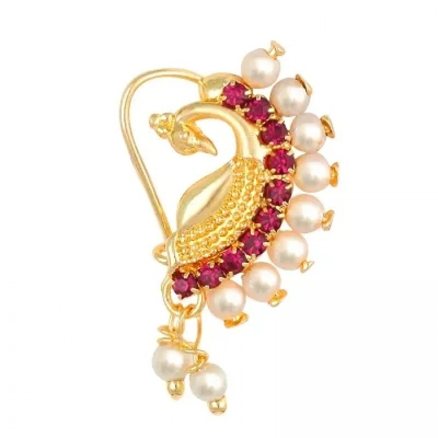 This Gold Plated Mayur Design with Peals and AD stone Alloy Maharashtrian Nath Nathiya./ Nose Pin for women