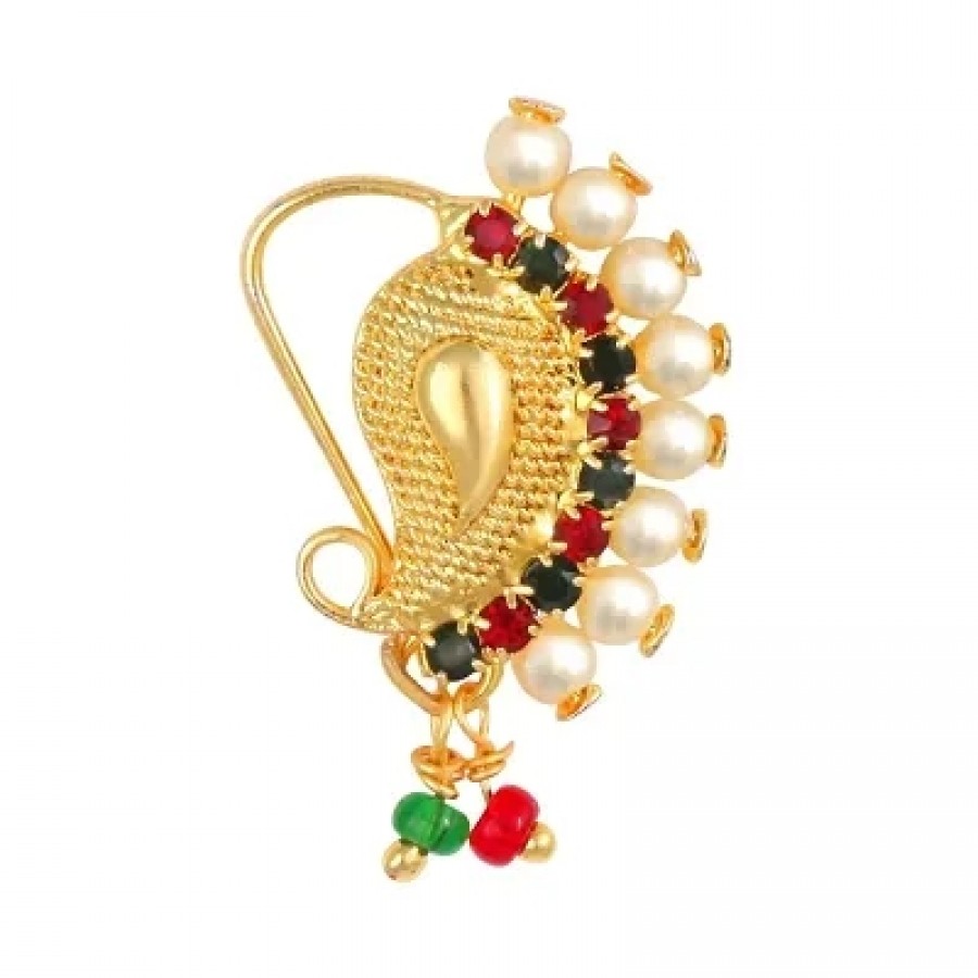 This Gold Plated Mayur Design with Peals and AD stone Alloy Maharashtrian Nath Nathiya./ Nose Pin for women VFJ1015NTH-TAR