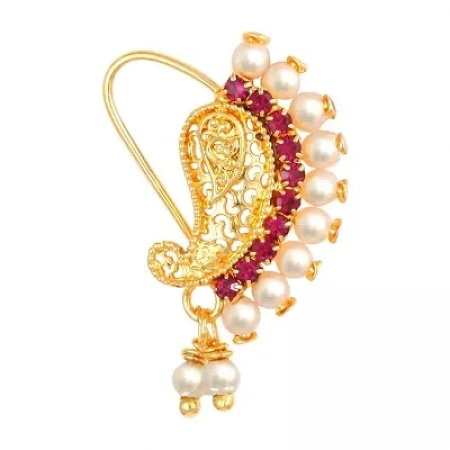 This Gold Plated Mayur Design with Peals and AD stone Alloy Maharashtrian banu Nath Nathiya./ Nose Pin for women