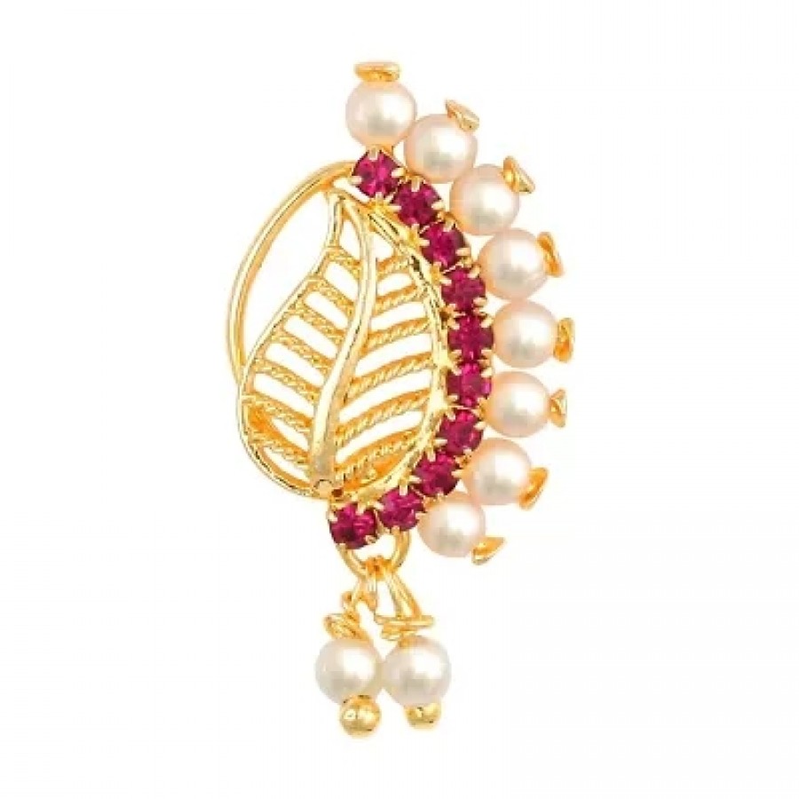 This Gold Plated Mayur Design with Peals and AD stone Alloy Maharashtrian banu Nath Nathiya./ Nose Pin for women