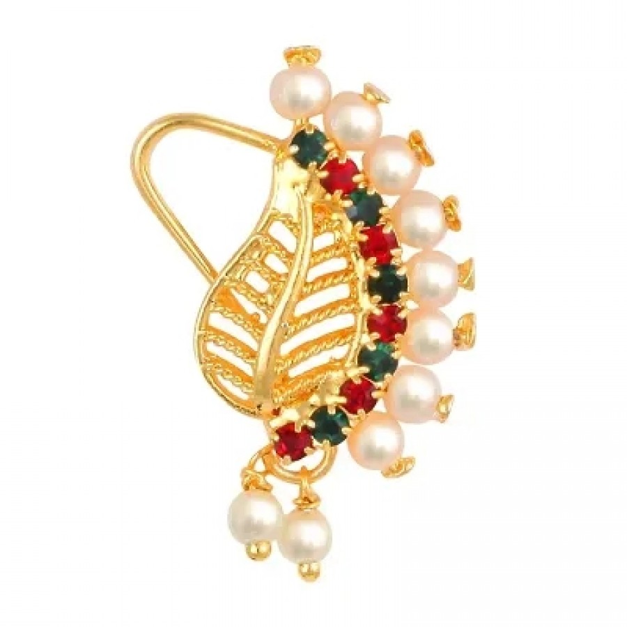 This Gold Plated Mayur design with Peals AD Stone Alloy Maharashtrian Nath Nathiya./ Nose Pin for women