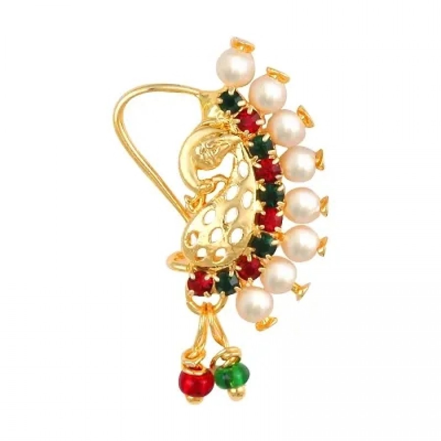 This Golden Moti Nath Gold Plated Mayur Design with AD Stone Alloy Nose Ring  For women