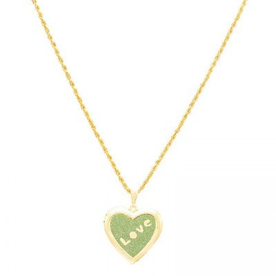 Gold Plated Green Drussy Foil, Love Embossed, openable Heart Locket Pendant