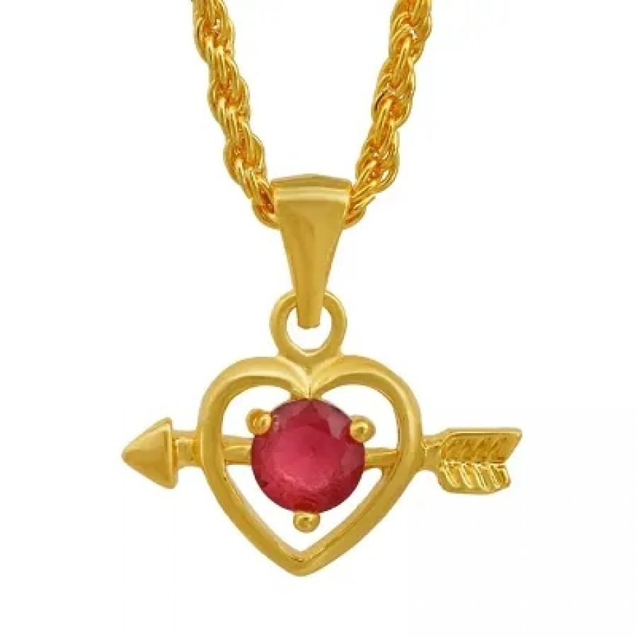 Gold Plated, Red CZ Studded, Cupid Heartshape Chain Pendant Fashion for Proposal, Engagement Gift