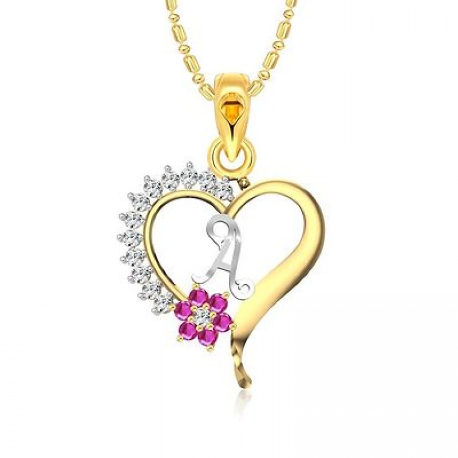 Golden Alloy Flower Heart Initial A Pendant For Womens