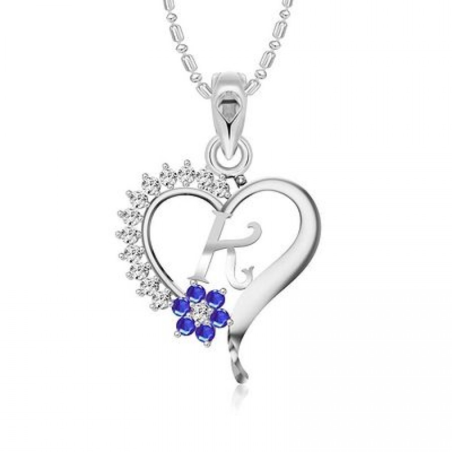 Silver Alloy Flower Heart Initial K Pendant For Womens