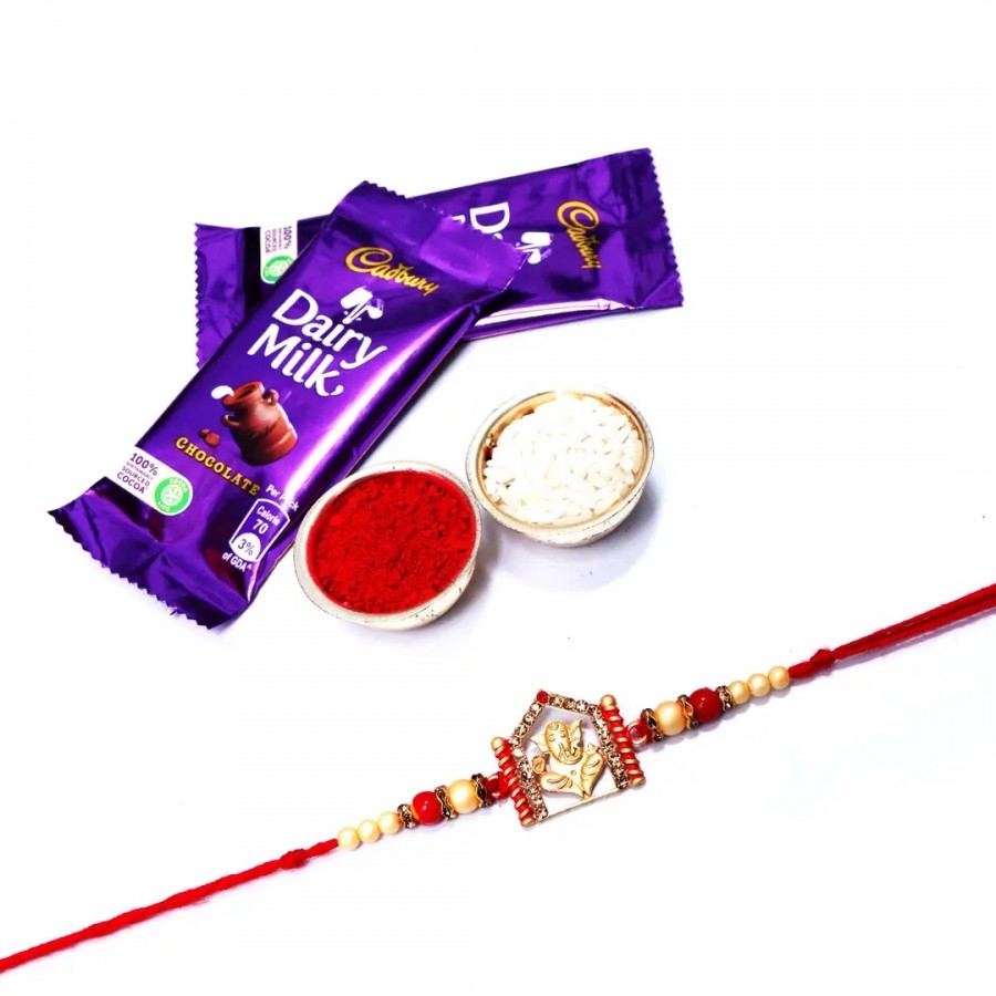 Ganesh Ji Pearl Temple Designer Rakhi Set Of 1 With Cadbury Dairy Milk Chocolate Bar, 13.2 G Pack Of 2 (RoliChawal)