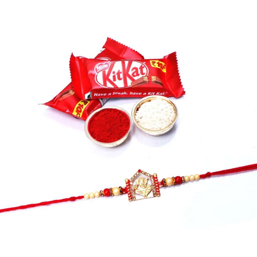 Ganesh Ji Pearl Temple Designer Rakhi Set Of 1 With Kitkat Chocolate 12.8Gm Pack Of 2( RoliChawal)