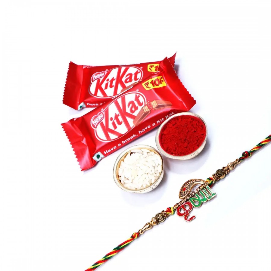 Krishna Designer Rakhi Set Of 1 With Kitkat Chocolate 12.8Gm Pack Of 2 (RoliChawal)