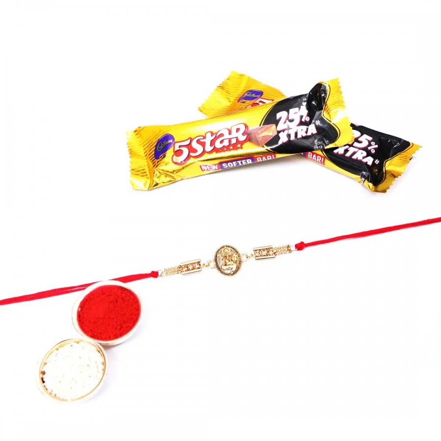 Lord Ganesh Golden Designer Rakhi Set Of 1 With 5 Star Chocolate Bar, 40G Pack Of 2 (RoliChawal)