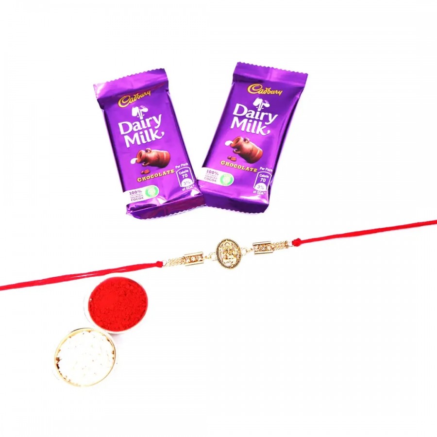 Lord Ganesh Golden Designer Rakhi Set Of 1 With Cadbury Dairy Milk Chocolate Bar, 13.2 G Pack Of 2( RoliChawal)