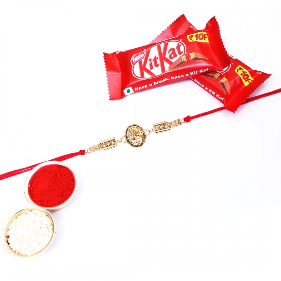 Lord Ganesh Golden Designer Rakhi Set Of 1 With Kitkat Chocolate 12.8Gm Pack Of 2 (RoliChawal)