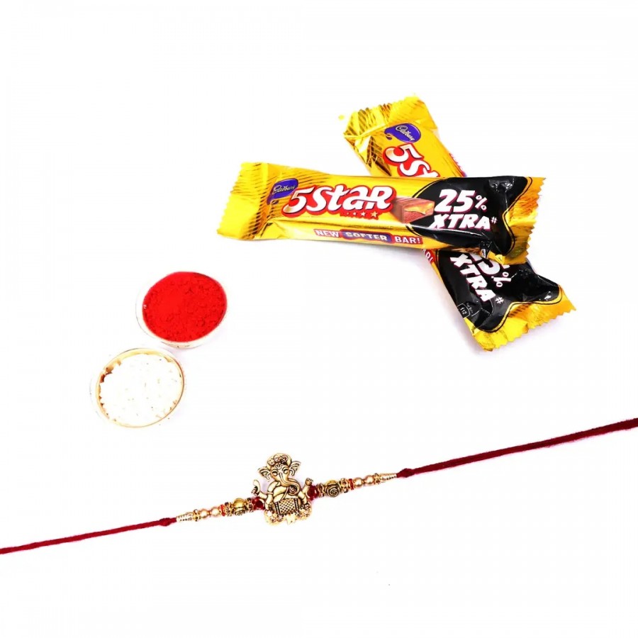 Lord Ganesha Tabla Designer Rakhi Set Of 1 With 5 Star Chocolate Bar, 40G Pack Of 2 (RoliChawal)