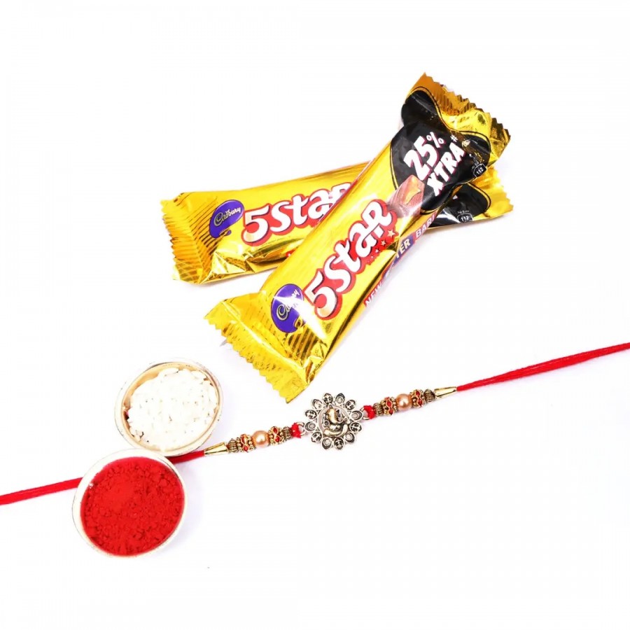 Lord Ganesh Golden Designer Rakhi Set Of 1 With 5 Star Chocolate Bar, 40G Pack Of 2 (RoliChawal)