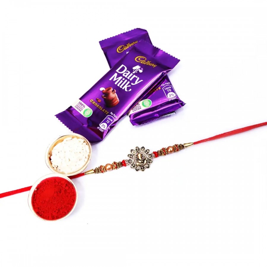 Lord Ganesh Golden Designer Rakhi Set Of 1 With Cadbury Dairy Milk Chocolate Bar, 13.2 G Pack Of 2 (RoliChawal)