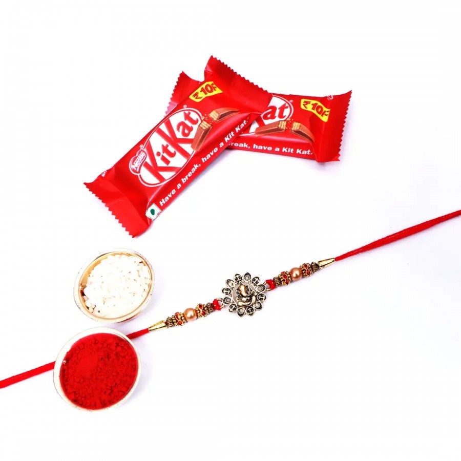 Lord Ganesh Golden Designer Rakhi Set Of 1 With Kitkat Chocolate 12.8Gm Pack Of 2 (RoliChawal)