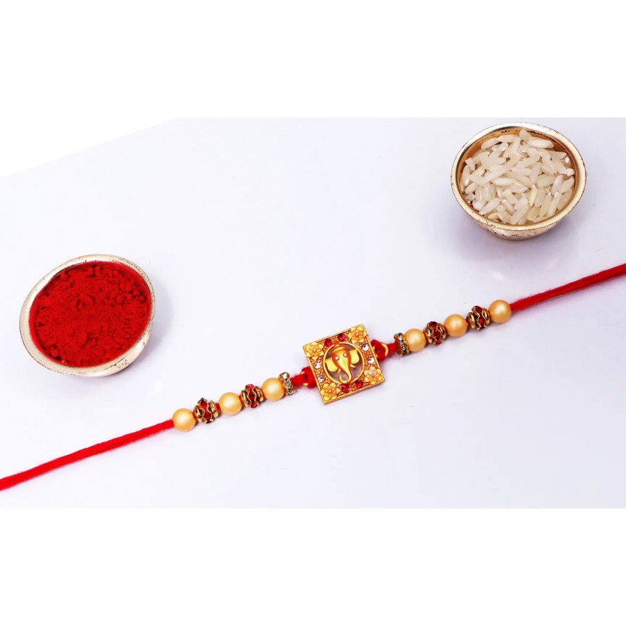 Lord Ganesha Tample Golden Designer Rakhi with Roli And Chawal