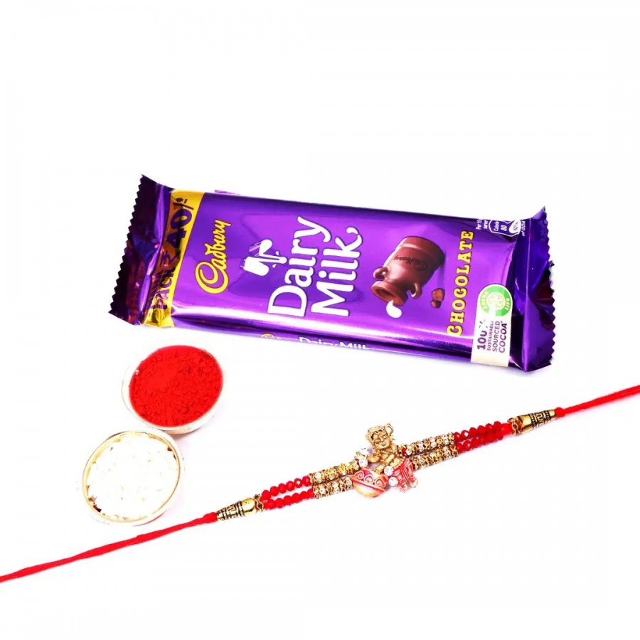 Makhan Chor Designer Rakhi Set Of 1 Cadbury Dairy Milk Chocolate Bar, 50G (RoliChawal)