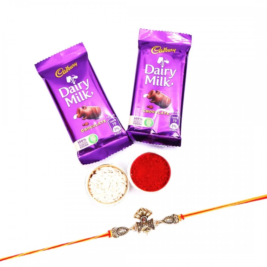 OM Damru Designer Rakhi Set Of 1 With Dairy Milk Chocolate Bar, 13.2 G Pack Of 2 (RoliChawal)