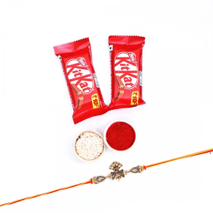 OM Damru Designer Rakhi Set Of 1 With Kitkat Chocolate 12.8Gm Pack Of 2 (RoliChawal)