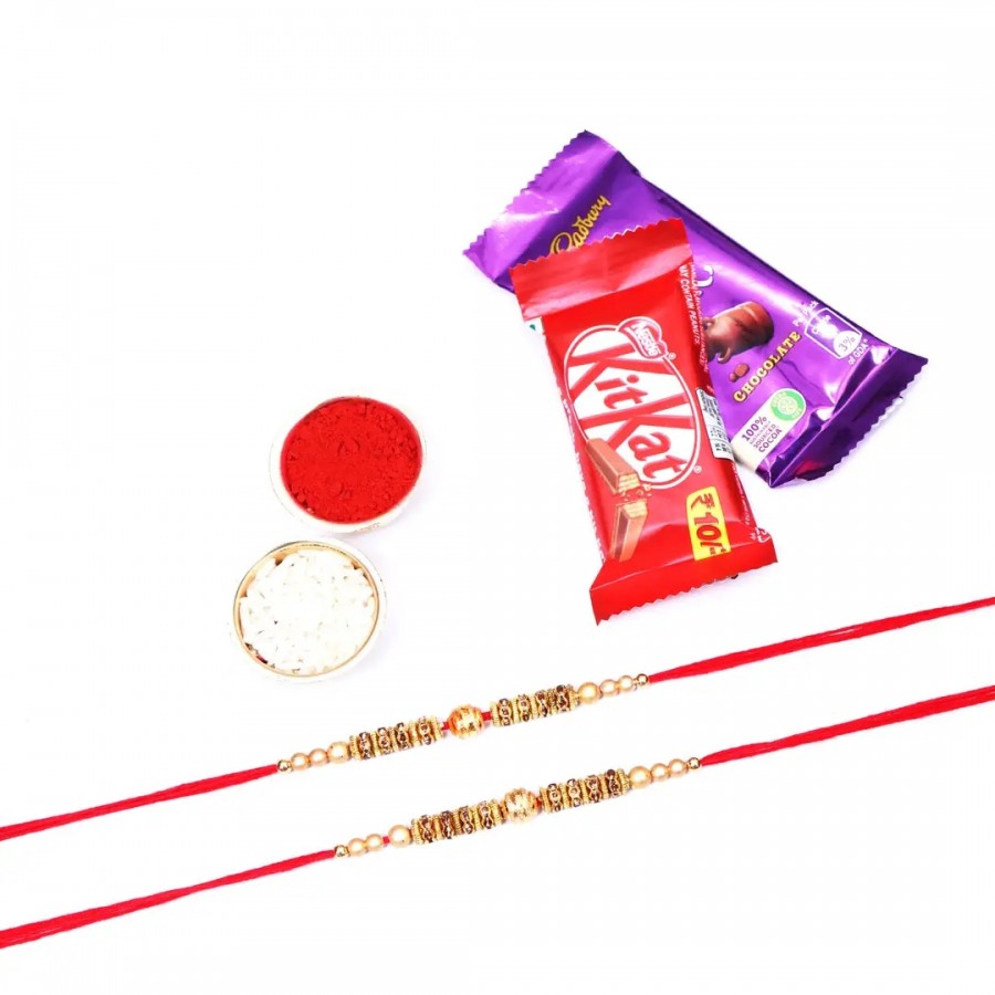 OM Golden Designer Rakhi Set Of 2 With Combo Chocolate (RoliChawal)