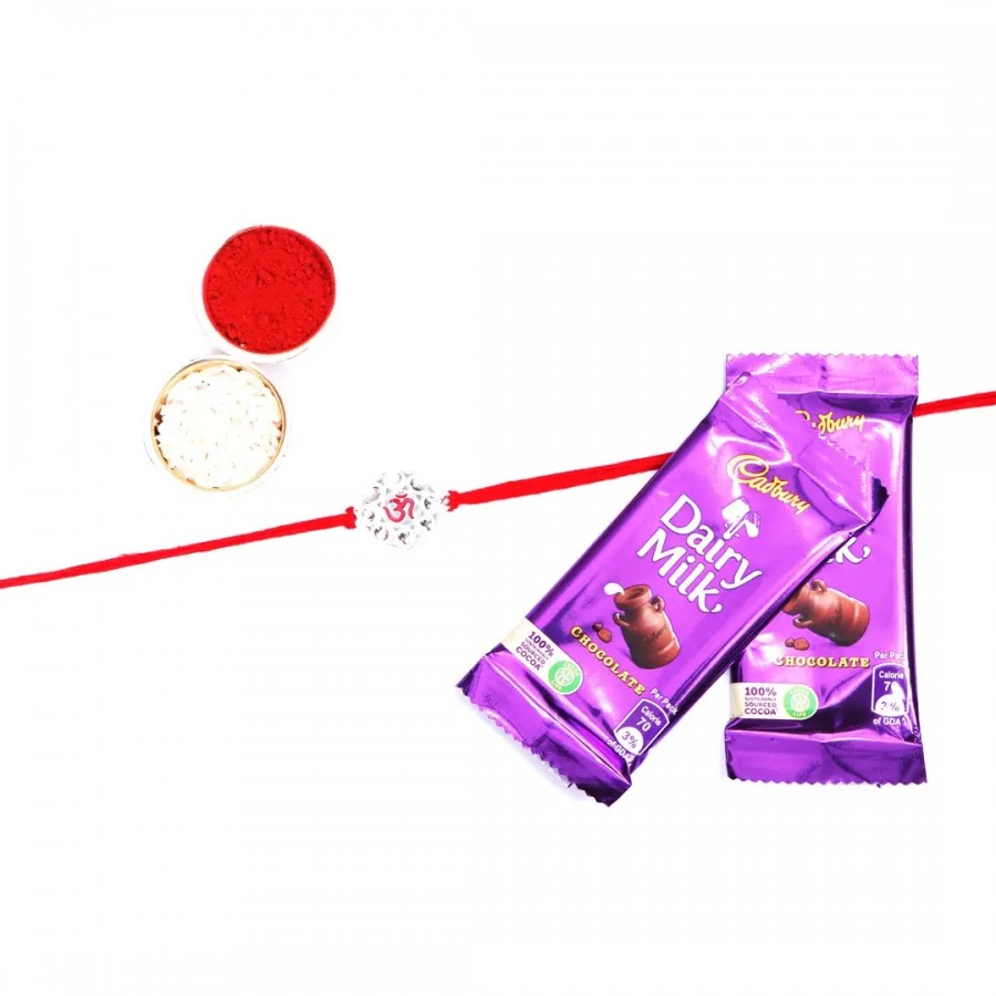 OM Silver Designer Rakhi Set Of 1 With Dairy Milk Chocolate Bar, 13.2 G Pack Of 2 (RoliChawal)