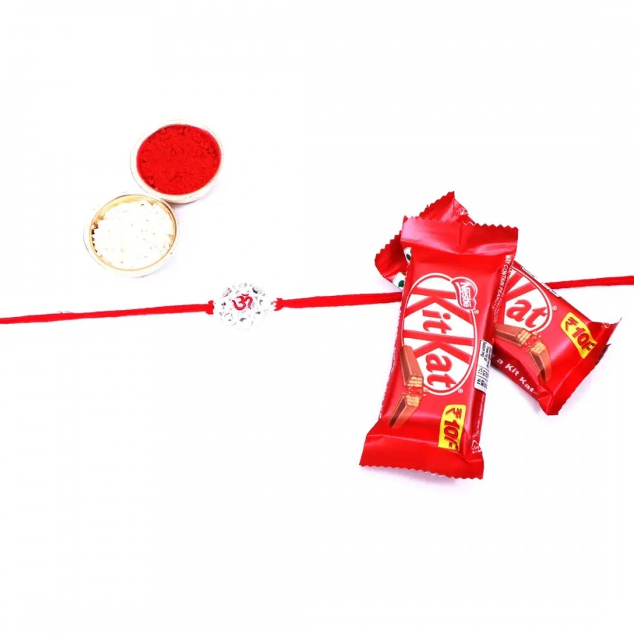 OM Silver Designer Rakhi Set Of 1 With Kitkat Chocolate 12.8Gm Pack Of 2 (RoliChawal)