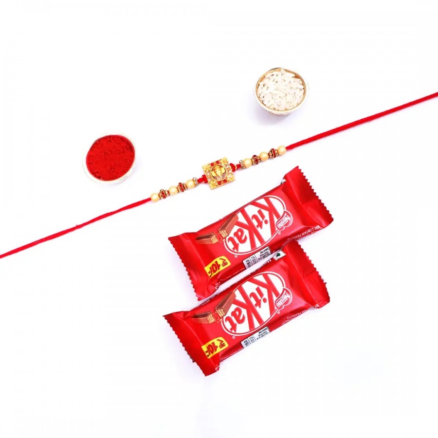 OM Silver Designer Rakhi Set Of 1 With Kitkat Chocolate 12.8Gm Pack Of 2 (RoliChawal)