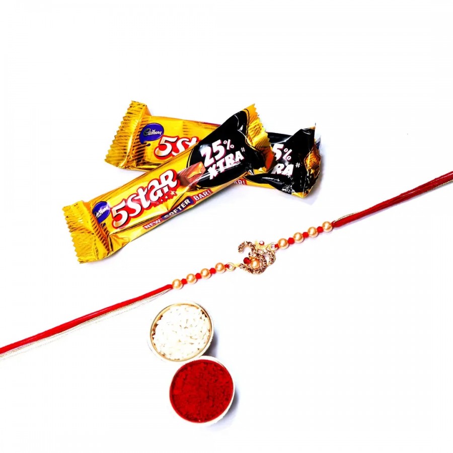 OM Designer Rakhi Set Of 1 With Cadbury 5 Star Chocolate Bar, 40G Pack Of 2 (RoliChawal)