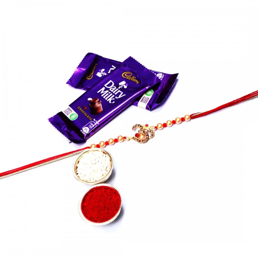 OM Designer Rakhi Set Of 1 With Cadbury Dairy Milk Chocolate Bar, 13.2 G Pack Of 2 (RoliChawal)