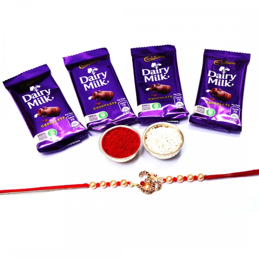 OM Designer Rakhi Set Of 1 With Cadbury Dairy Milk Chocolate Bar, 13.2 G Pack Of 4 (RoliChawal)