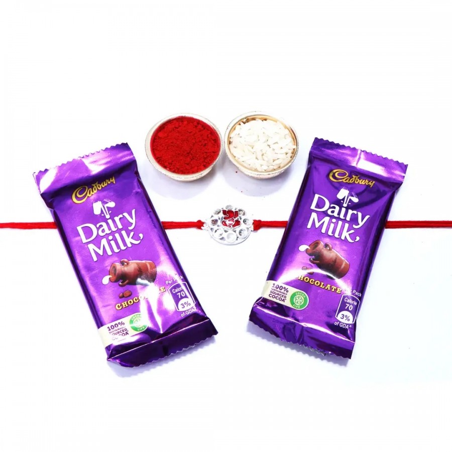 OM Silver Designer Rakhi For Brother Set Ofnbsp;1 With Cadbury Dairy Milk Chocolate Bar, 13.2 G Pack Of 2 (RoliChawal)