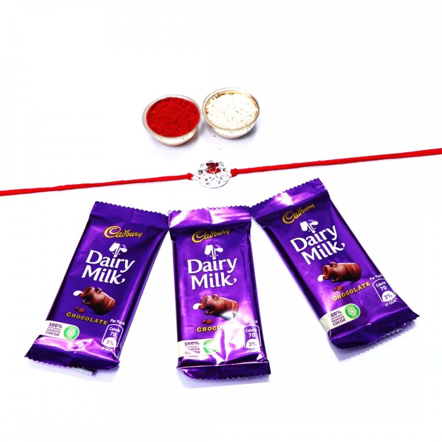 OM Silver Designer Rakhi For Brother Set Ofnbsp;1 With Cadbury Dairy Milk Chocolate Bar, 13.2 G Pack Of 3 (RoliChawal)