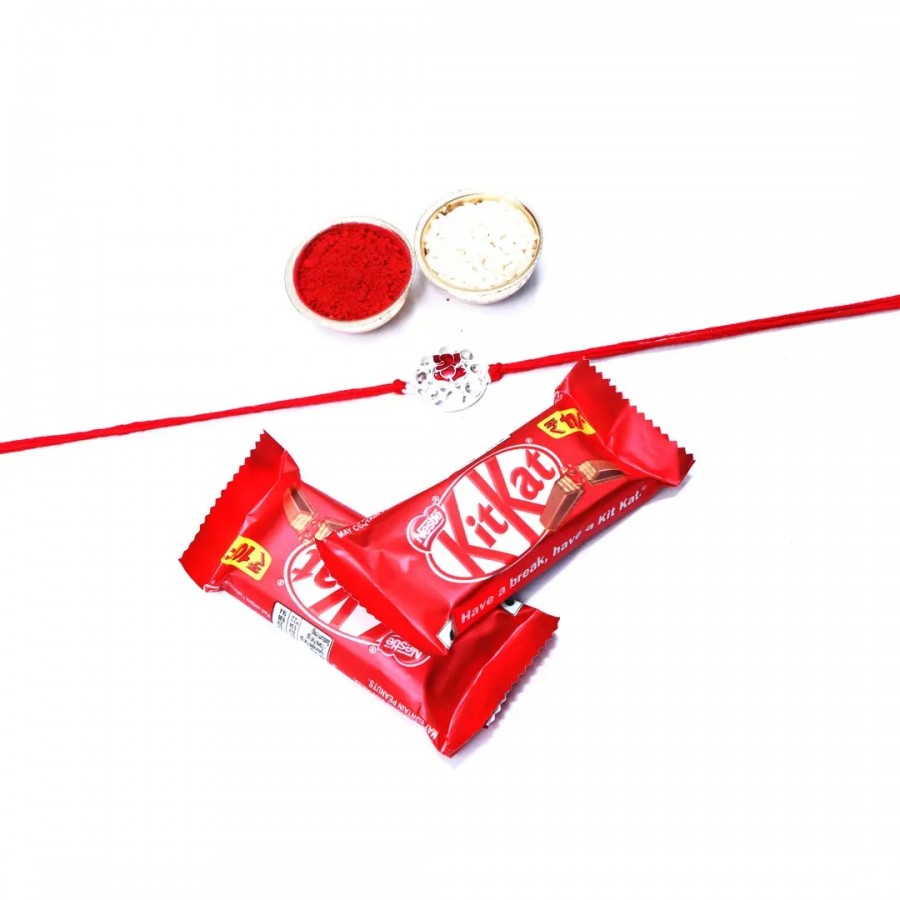 OM Silver Designer Rakhi For Brother Set Ofnbsp;1 With Kitkat Chocolate 12.8Gm Pack Of 2 (RoliChawal)