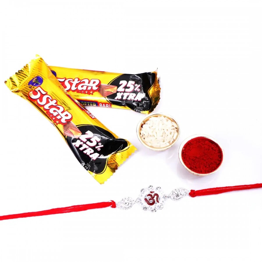 OM Silver Designer Rakhi Set Of 1 With 5 Star Chocolate Bar, 40G Pack Of 2 (RoliChawal)