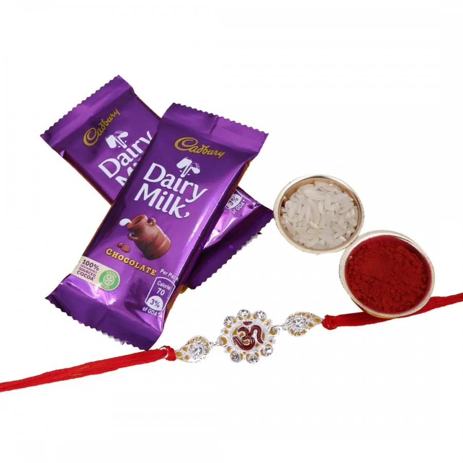 OM Silver Designer Rakhi Set Of 1 With Cadbury Dairy Milk Chocolate Bar, 13.2 G Pack Of 2 (RoliChawal)