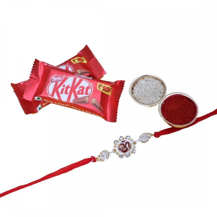 OM Silver Designer Rakhi Set Of 1 With Kitkat Chocolate 12.8Gm Pack Of 2 (RoliChawal)