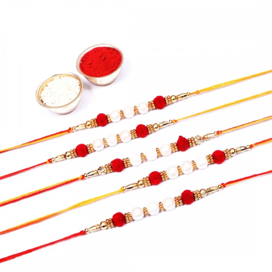 Pearl Moti Designer Rakhi Set Of 5 (Rolichawal)