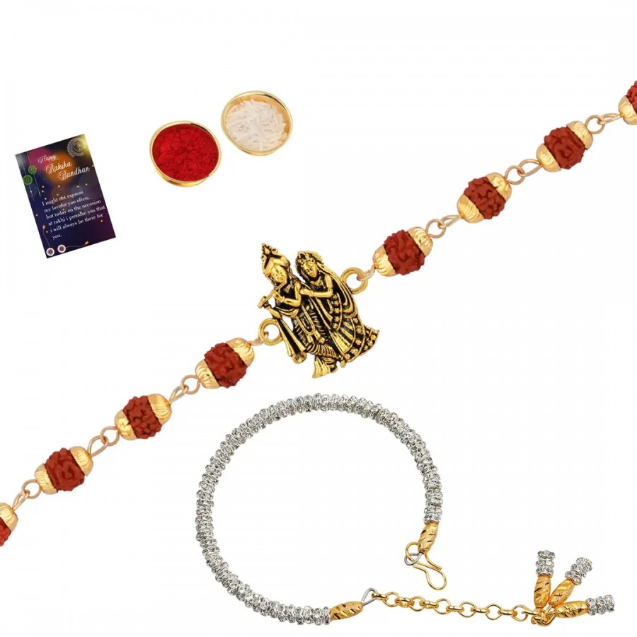 Rakhi Rudraksh Radha Krishna With Bhabhi Rakhi With Roli Chawal And Greeting Card